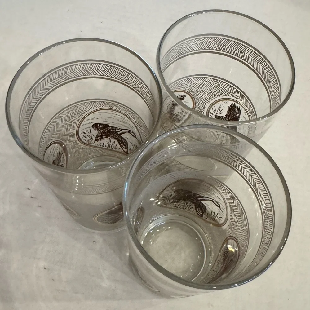 3 VTG 1970s MCM Libbey Highball Pheasant Glasses Game birds Brown Gold